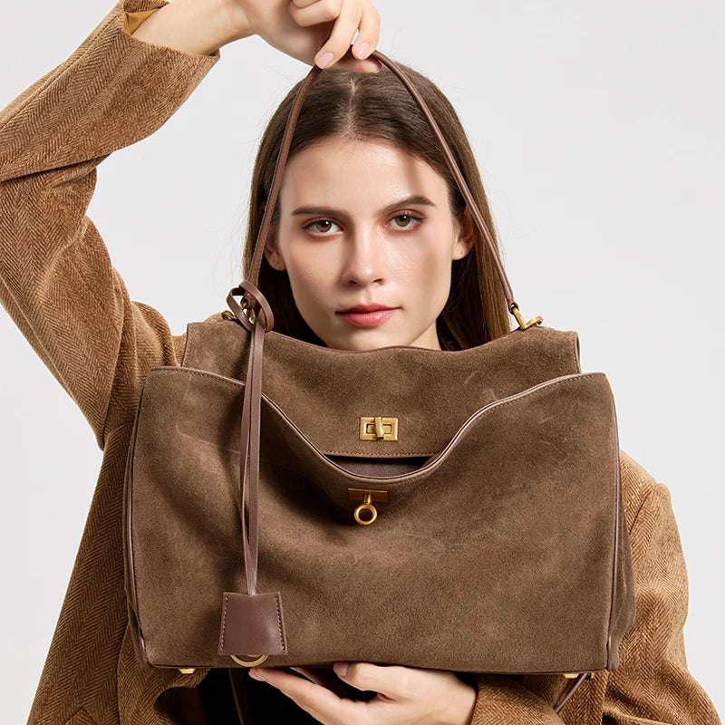 Mala Feminina em Camurça e Couro Genuíno – Tote de Luxo Outono/Inverno