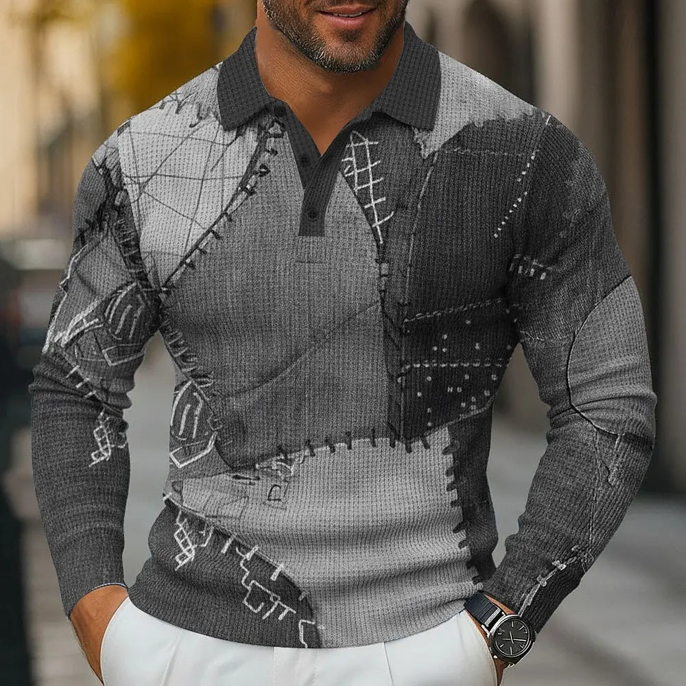 Polo Masculino Geométrico Color Block de Manga Comprida – Estilo Casual & Business  Este polo mas