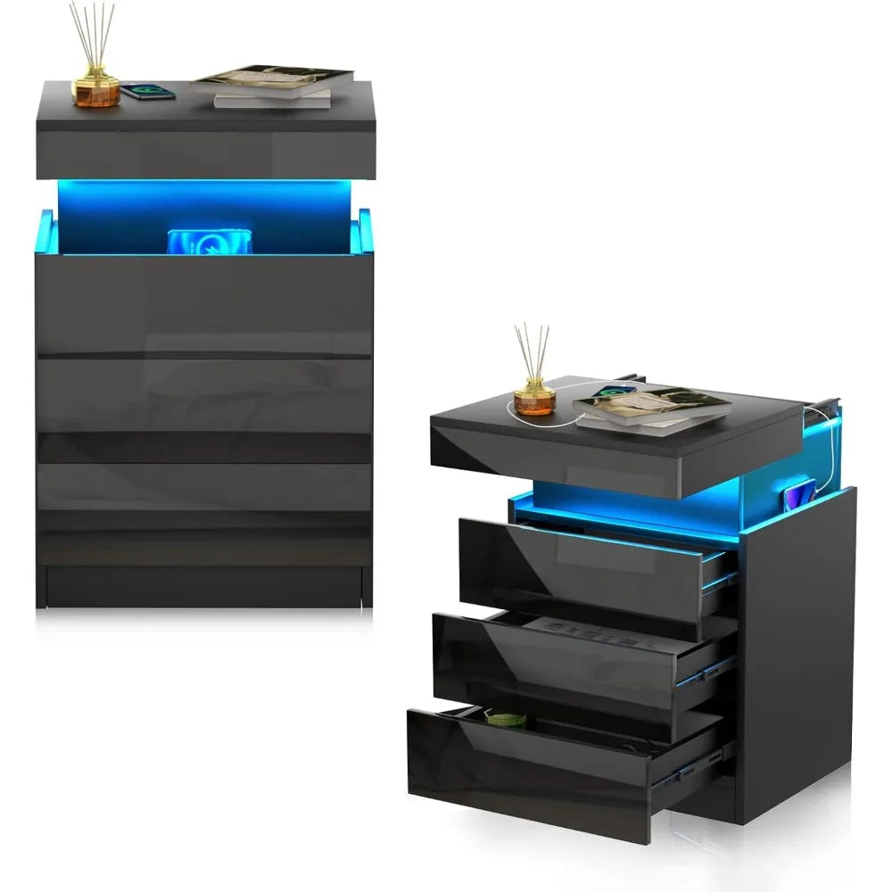 Mesa de Cabeceira SmartGlow™ com LED, Carregamento Integrado e 3 Gavetas