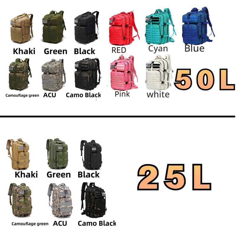 Mochila Tática 25L/50L – Nylon Impermeável para Caminhadas, Viagens e Aventura
