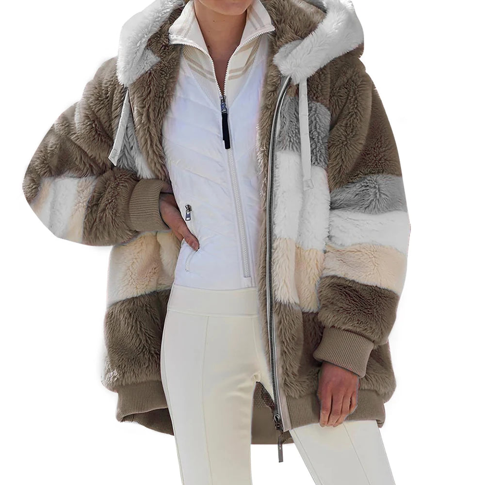 Casaco Oversized de Inverno para Mulher com Capuz | Casaco Peluche Quente e Confortável
