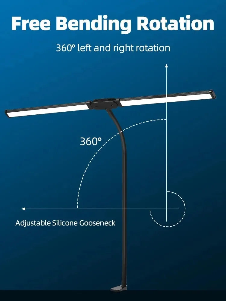 Candeeiro de Secretária LED com Dupla Cabeça e Pinça – Dimerizável, Ideal para Monitor, Escritório e Leitura