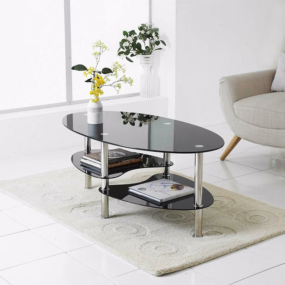 Glass coffee table, glass table 3 levels, oval living room table, coffee table sofa table for living room & office, 90x50x45cm
