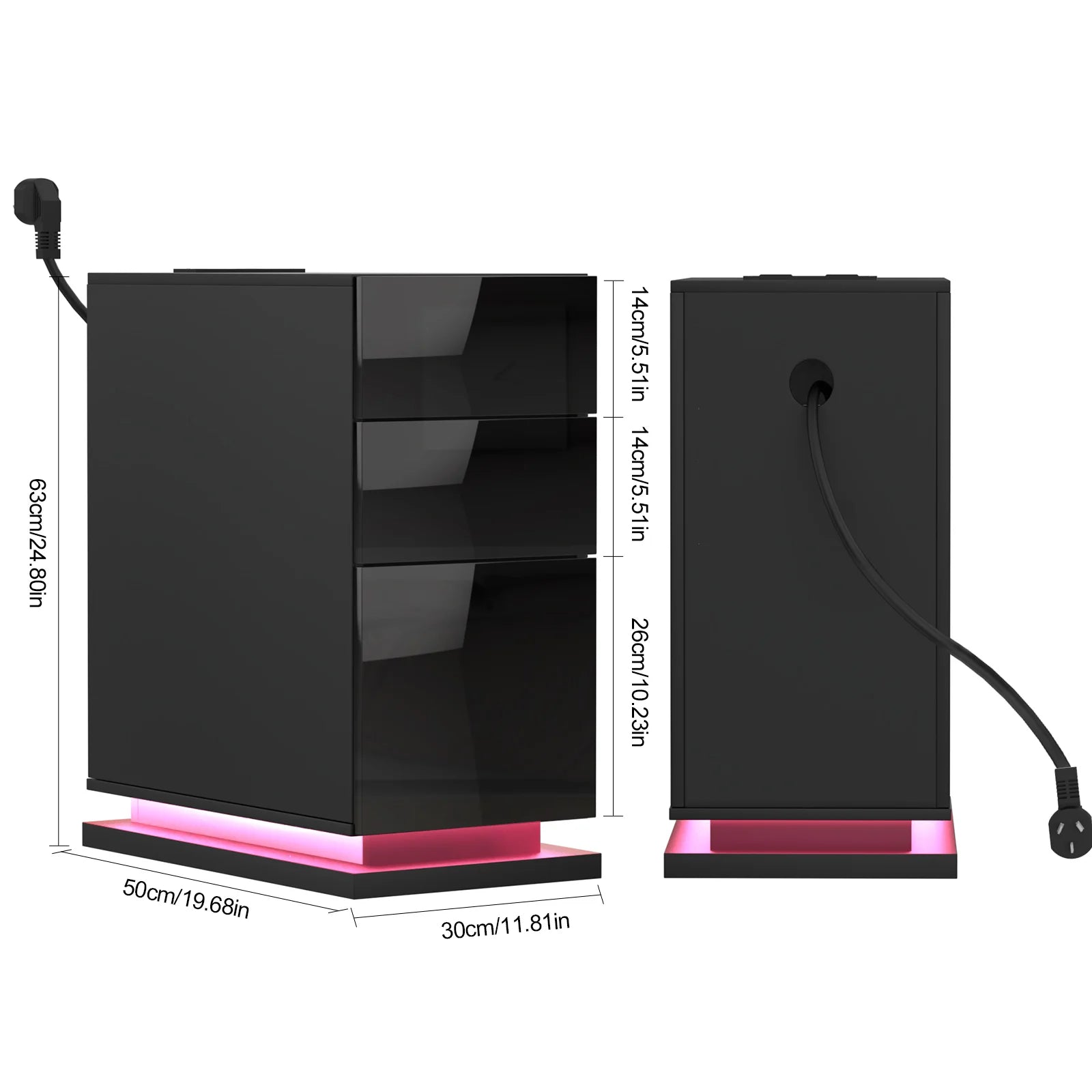 Mesa de Cabeceira SmartGlow™ com LED, Carregamento Integrado e 3 Gavetas