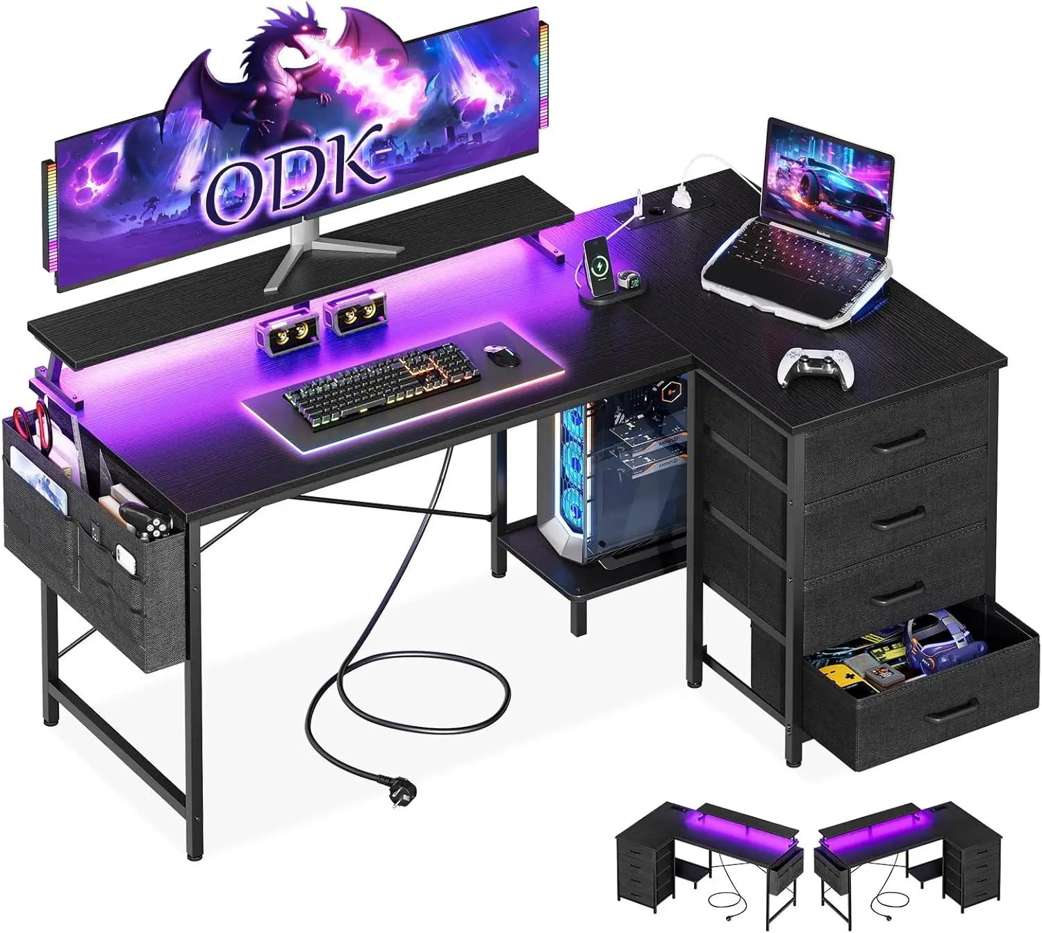 Secretária Gaming em L com LED e USB | Estação de Trabalho Moderna