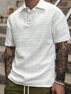 Polo Masculino de Verão em Jacquard com Padrão Xadrez Texturizado – Estilo Casual Elegante
