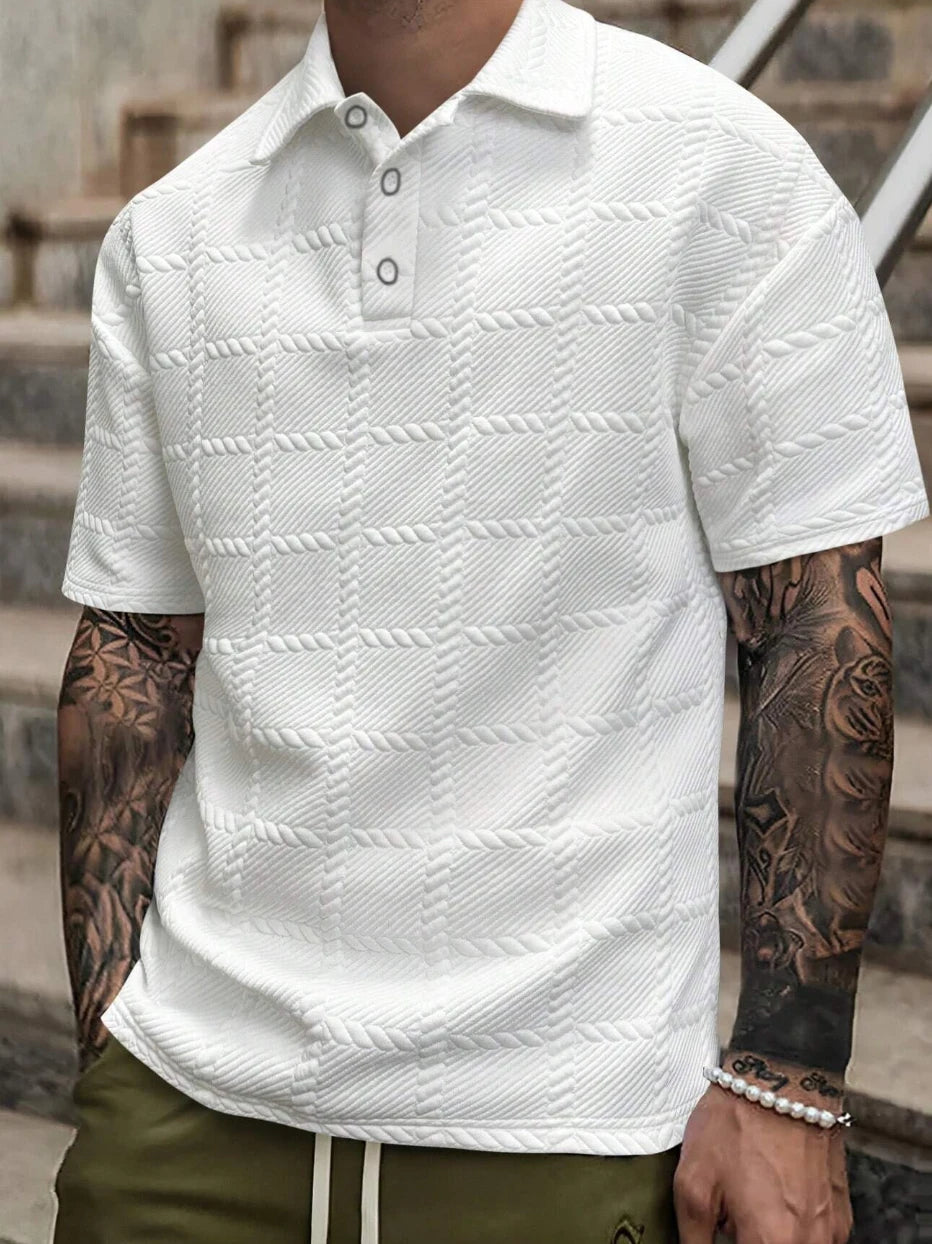 Polo Masculino de Verão em Jacquard com Padrão Xadrez Texturizado – Estilo Casual Elegante