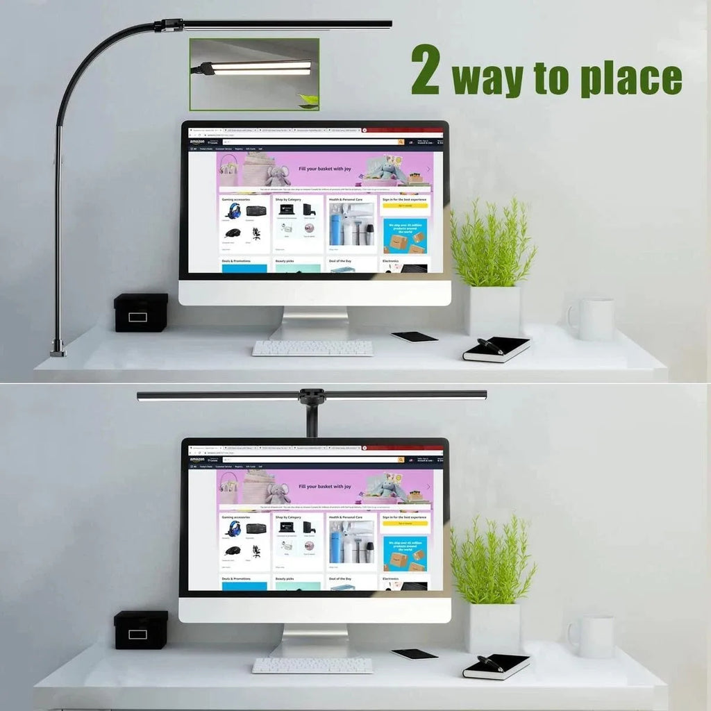 Candeeiro de Secretária LED com Dupla Cabeça e Pinça – Dimerizável, Ideal para Monitor, Escritório e Leitura