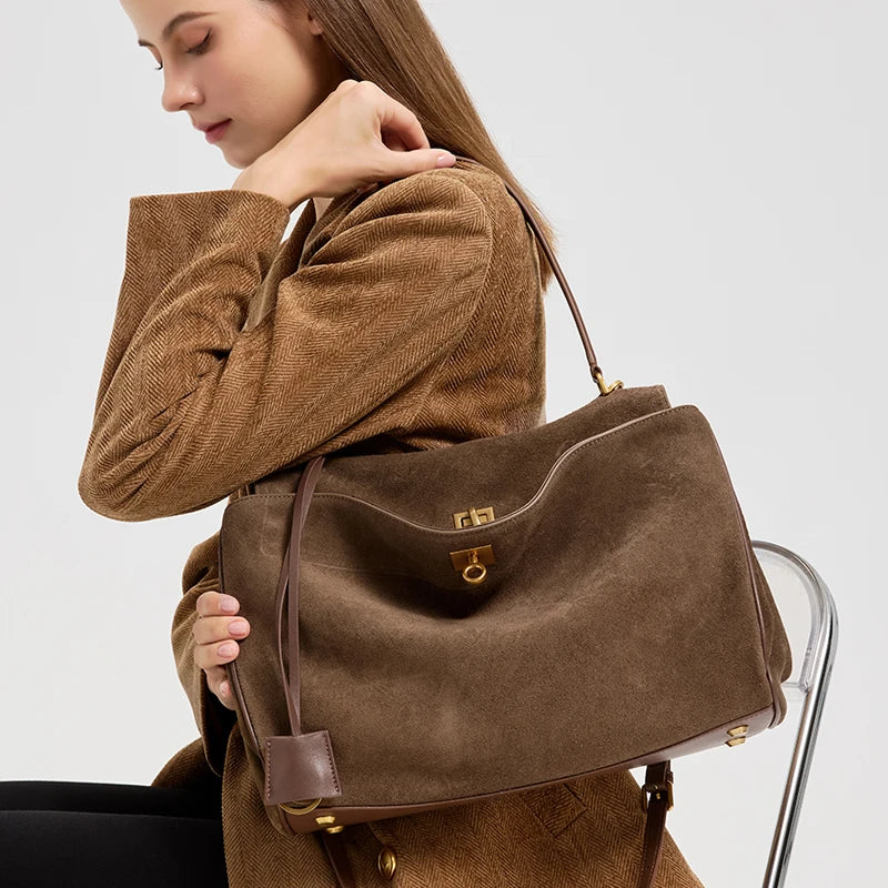Mala Feminina em Camurça e Couro Genuíno – Tote de Luxo Outono/Inverno