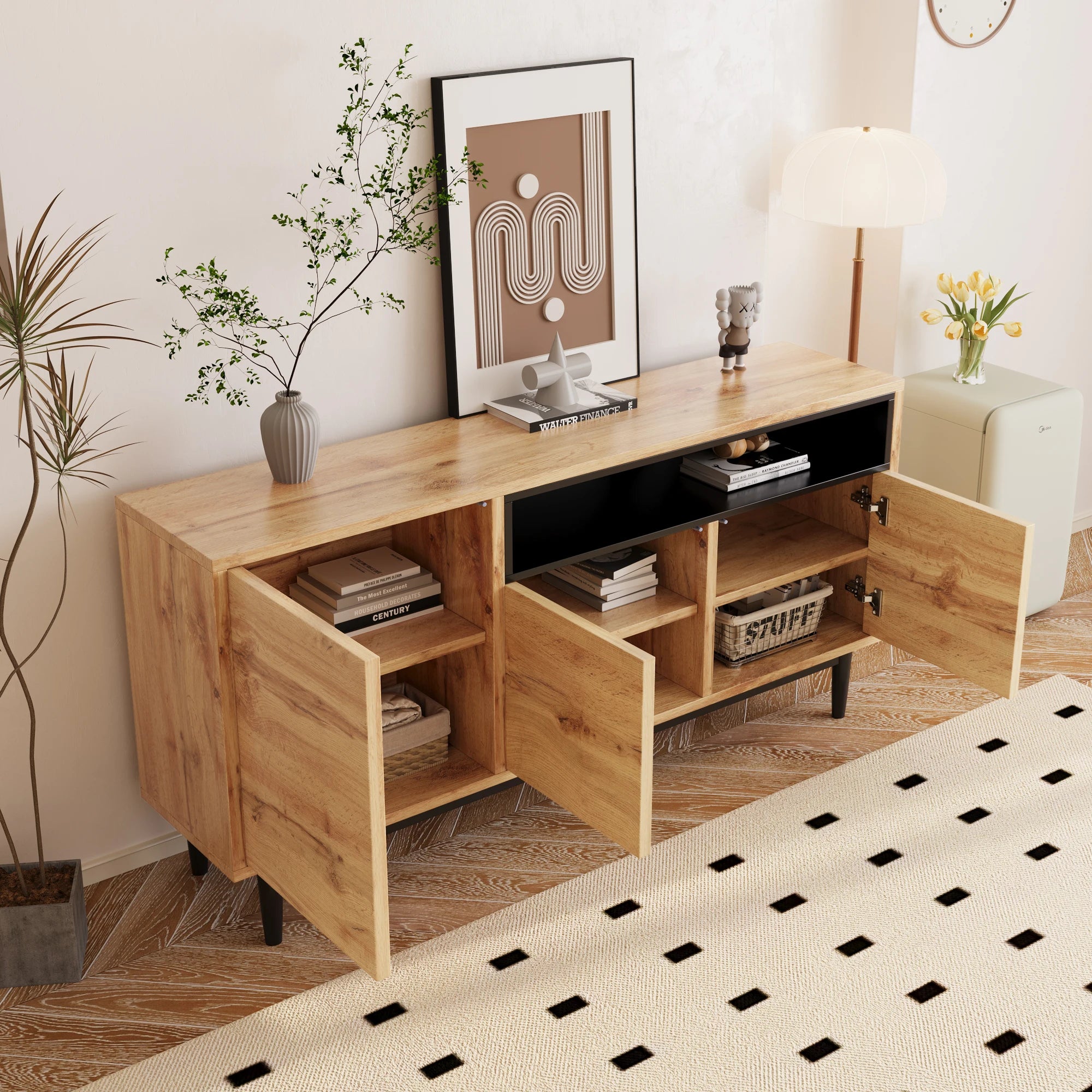 Aparador Moderno em Madeira com 3 Portas e Prateleiras – Robusto, Compacto e Fácil de Montar (160×35×76 cm)