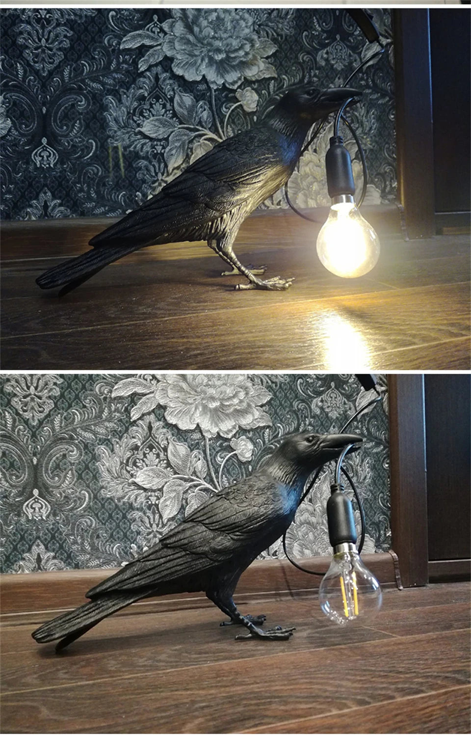 Aplique de Parede Decorativo em Resina “Lucky Bird” – Candeeiro LED Artístico com Corvo para Quarto e Sala (Lâmpada Incluída)
