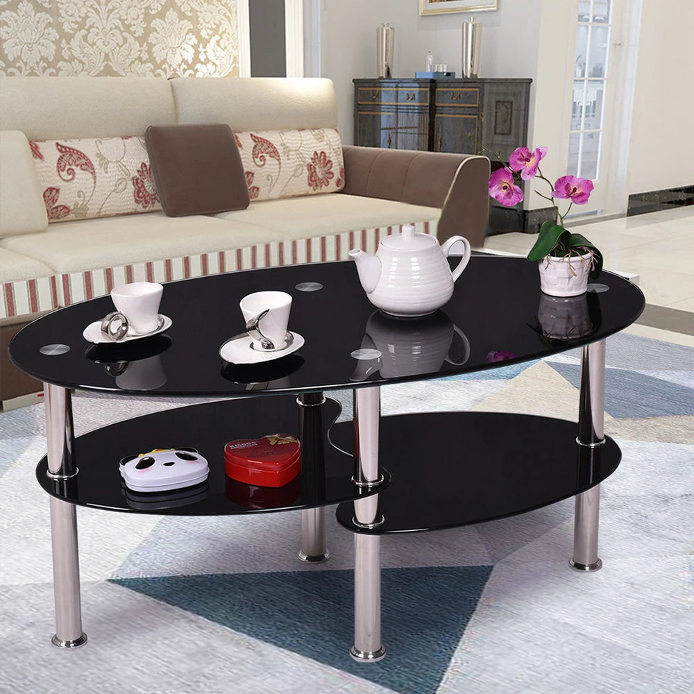 Glass coffee table, glass table 3 levels, oval living room table, coffee table sofa table for living room & office, 90x50x45cm