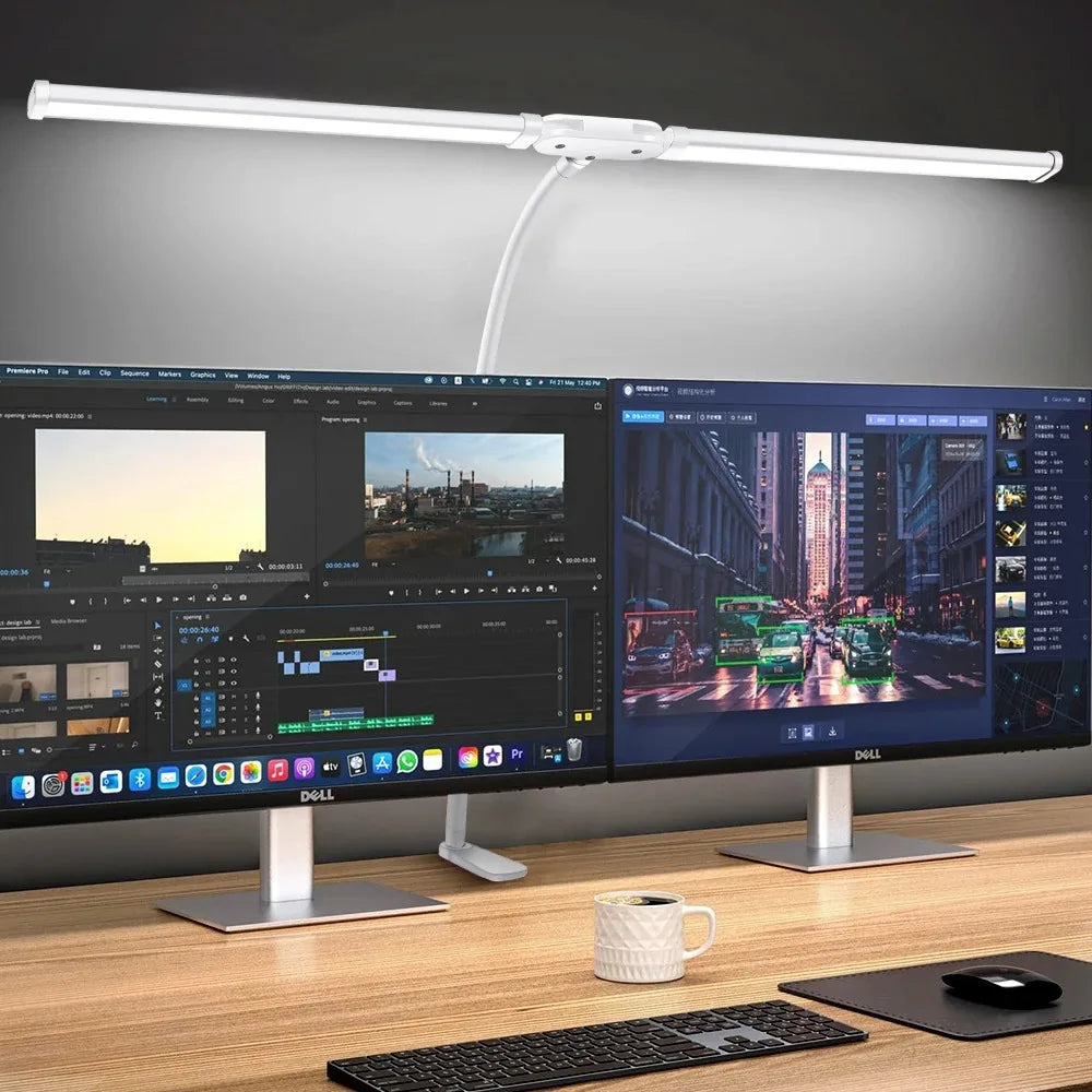 Candeeiro de Secretária LED com Dupla Cabeça e Pinça – Dimerizável, Ideal para Monitor, Escritório e Leitura