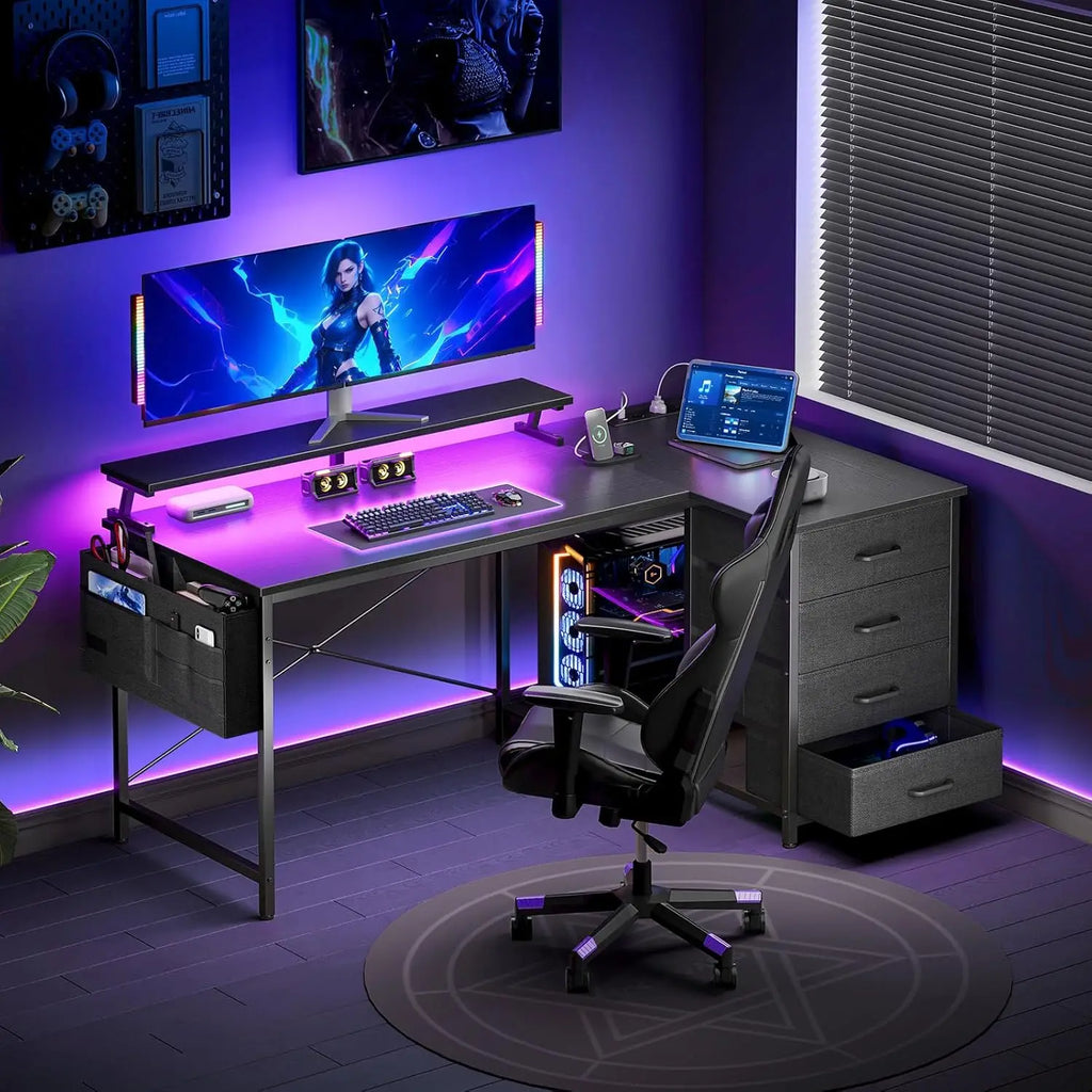 Secretária Gaming em L com LED e USB | Estação de Trabalho Moderna