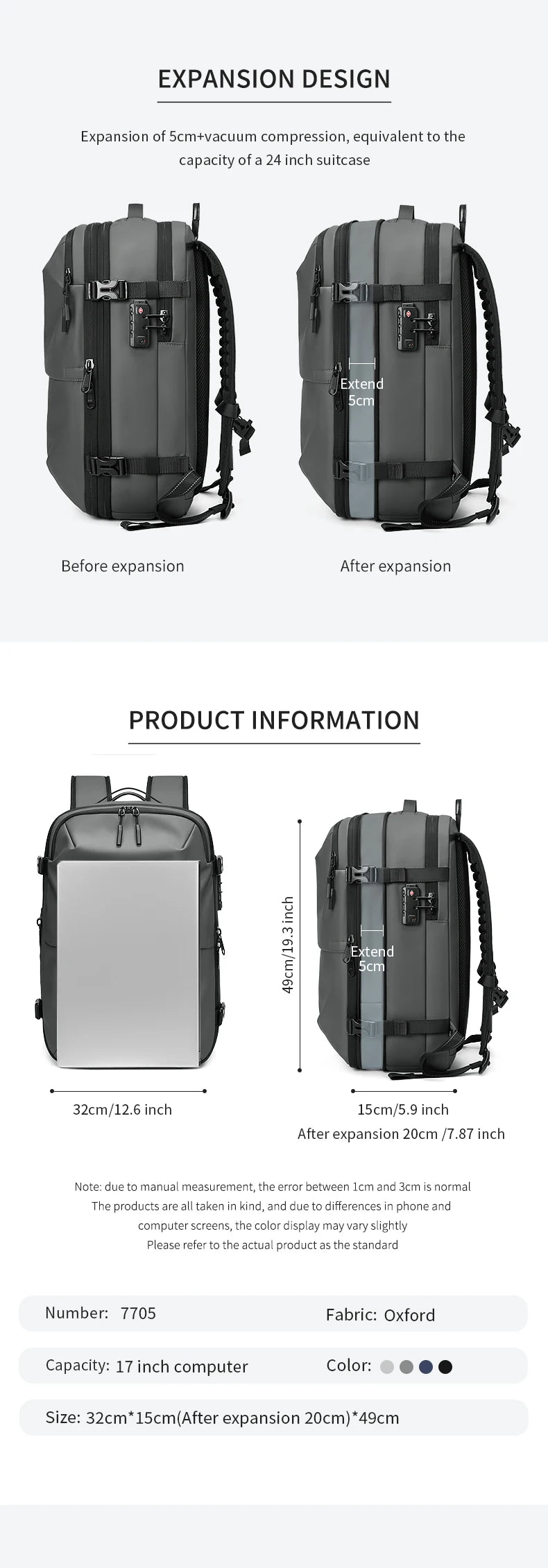 Mochila Masculina de Viagem com Compressão a Vácuo – Portátil 17’’ e Grande Capacidade