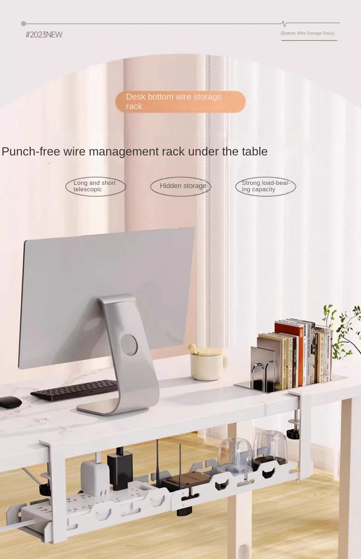 Organizador Telescópico de Cabos para Debaixo da Secretária – Rack Metálico Ajustável sem Perfuração para Escritório e Home Office