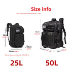Mochila Tática 25L/50L – Nylon Impermeável para Caminhadas, Viagens e Aventura
