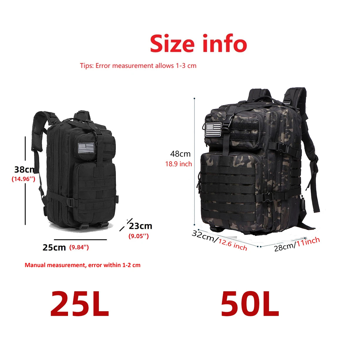 Mochila Tática 25L/50L – Nylon Impermeável para Caminhadas, Viagens e Aventura