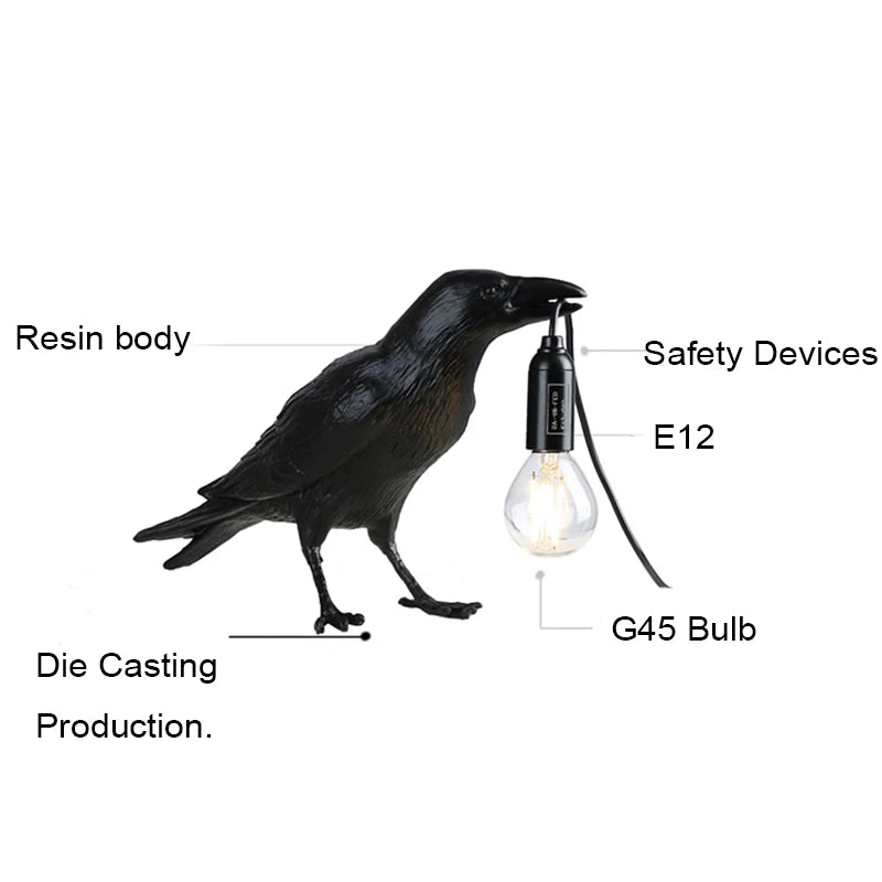 Aplique de Parede Decorativo em Resina “Lucky Bird” – Candeeiro LED Artístico com Corvo para Quarto e Sala (Lâmpada Incluída)