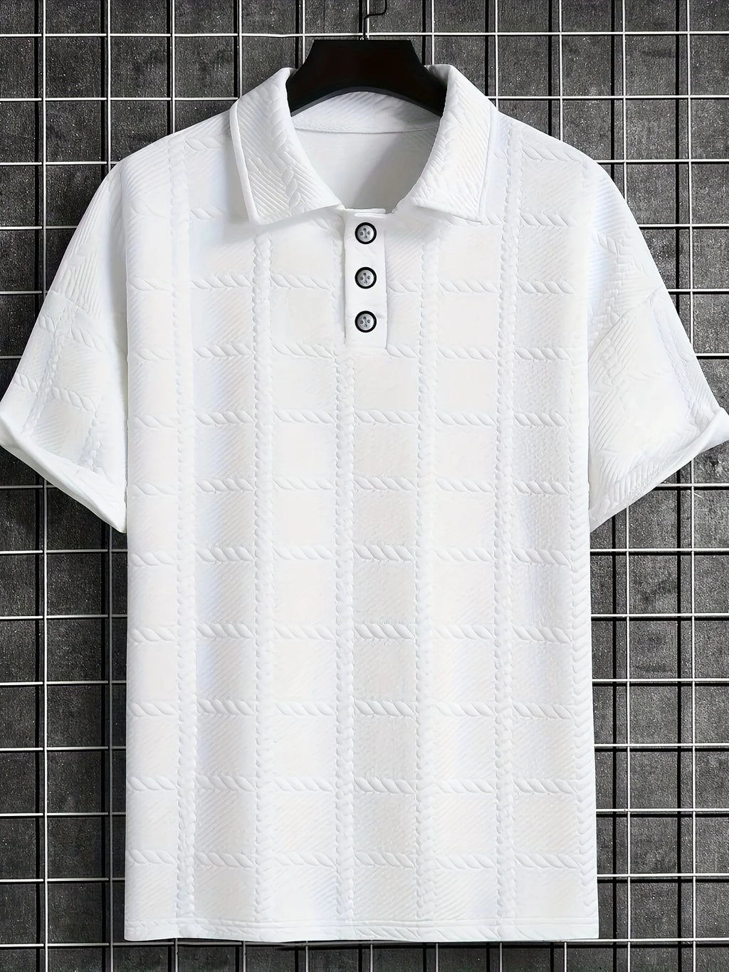 Polo Masculino de Verão em Jacquard com Padrão Xadrez Texturizado – Estilo Casual Elegante