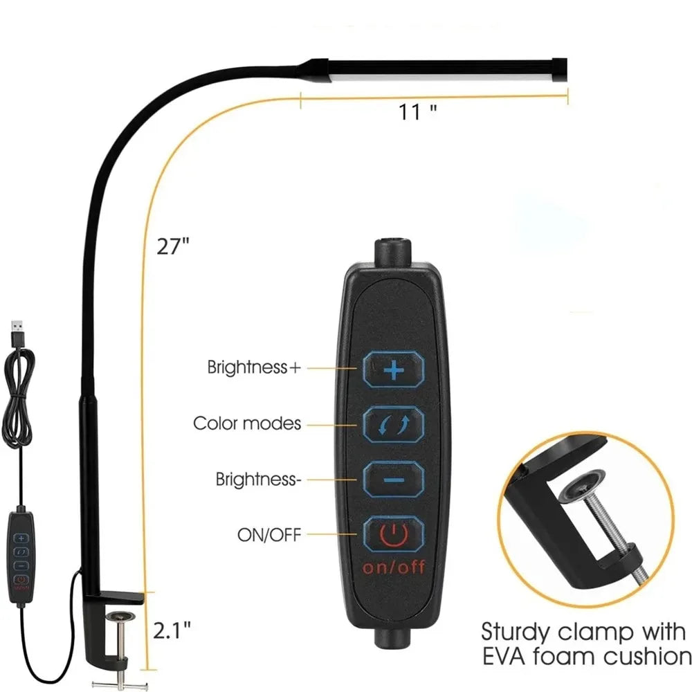 Candeeiro de Secretária LED com Dupla Cabeça e Pinça – Dimerizável, Ideal para Monitor, Escritório e Leitura