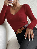 Camisola Canelada com Decote em V para Mulher – Malha Slim Elegante