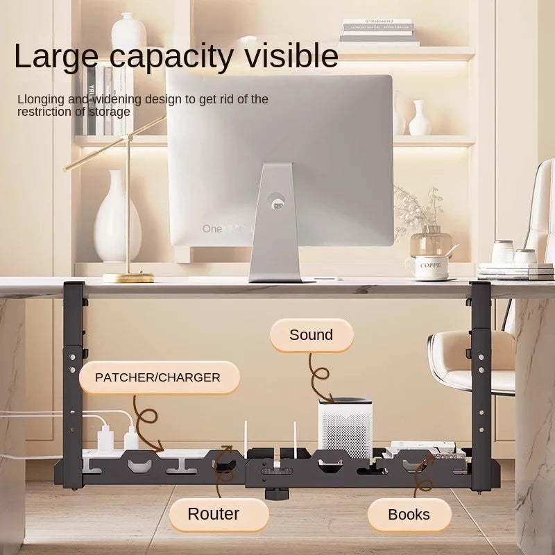 Organizador Telescópico de Cabos para Debaixo da Secretária – Rack Metálico Ajustável sem Perfuração para Escritório e Home Office