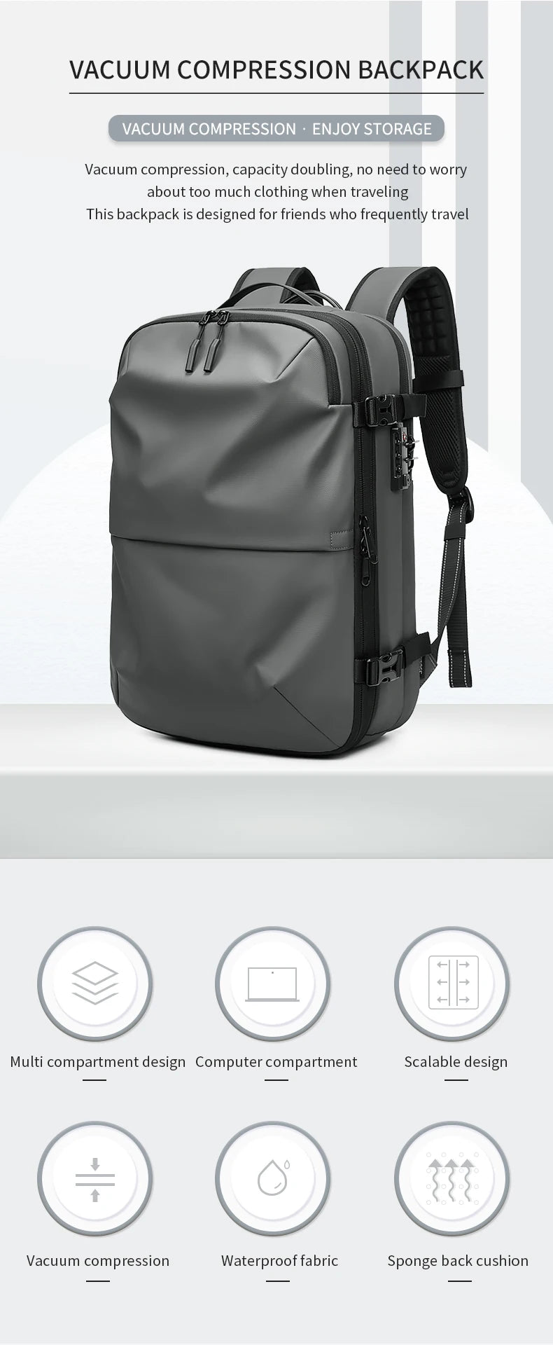Mochila Masculina de Viagem com Compressão a Vácuo – Portátil 17’’ e Grande Capacidade