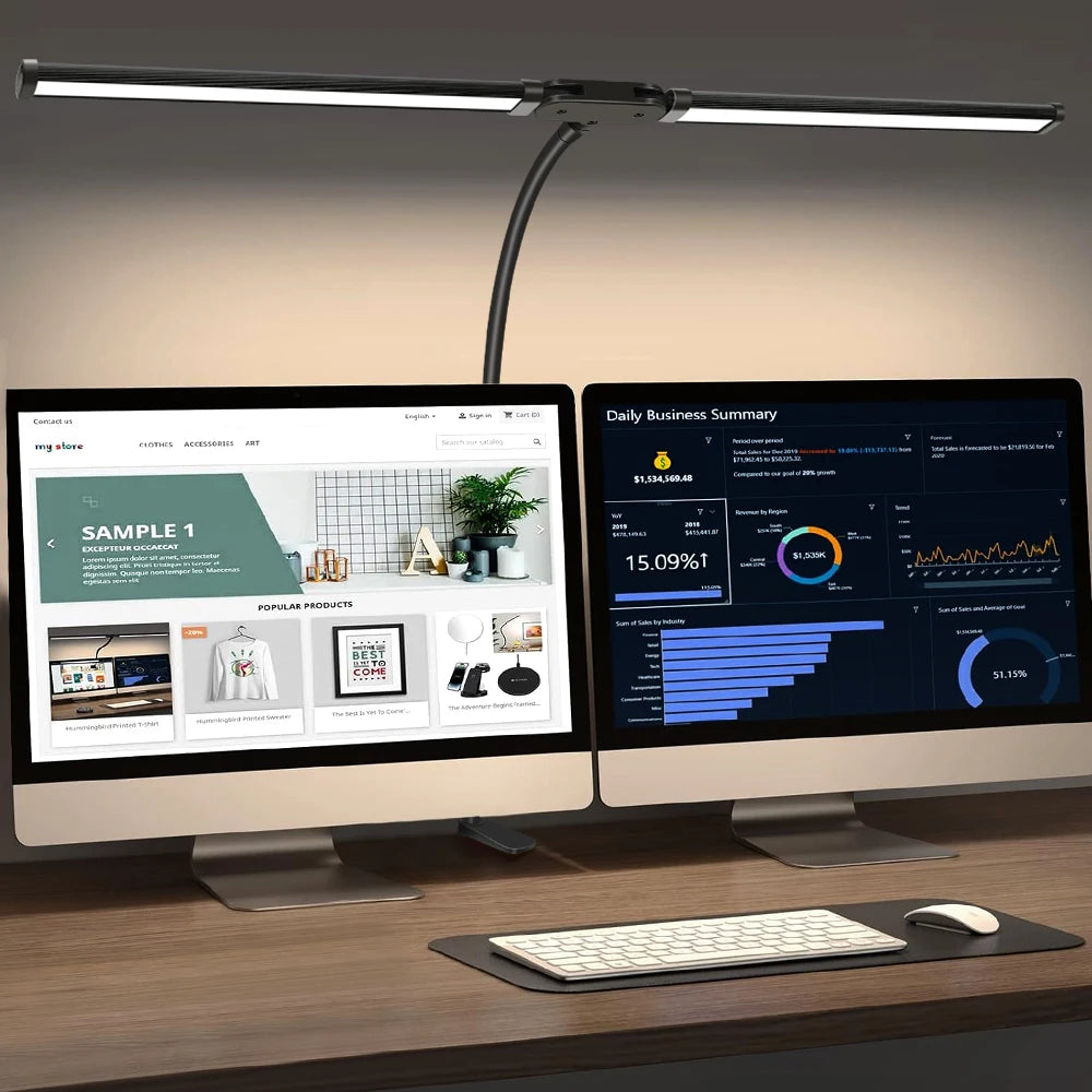 Candeeiro de Secretária LED com Dupla Cabeça e Pinça – Dimerizável, Ideal para Monitor, Escritório e Leitura