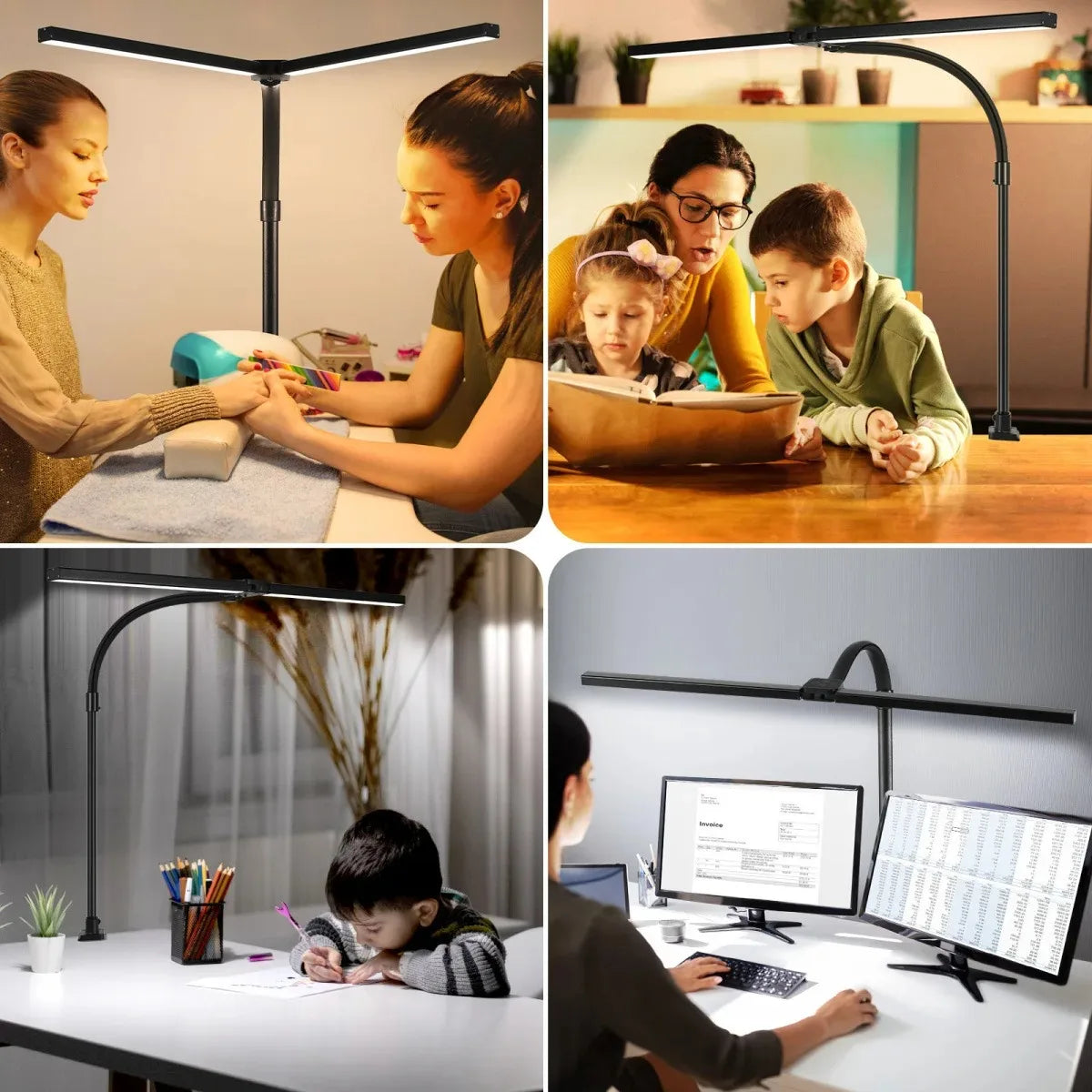 Candeeiro de Secretária LED com Dupla Cabeça e Pinça – Dimerizável, Ideal para Monitor, Escritório e Leitura