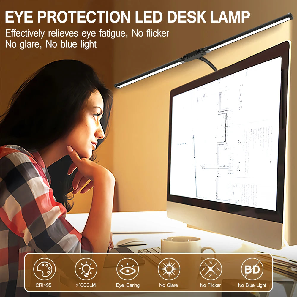 Candeeiro de Secretária LED com Dupla Cabeça e Pinça – Dimerizável, Ideal para Monitor, Escritório e Leitura