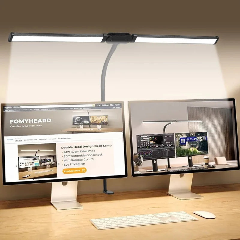 Candeeiro de Secretária LED com Dupla Cabeça e Pinça – Dimerizável, Ideal para Monitor, Escritório e Leitura