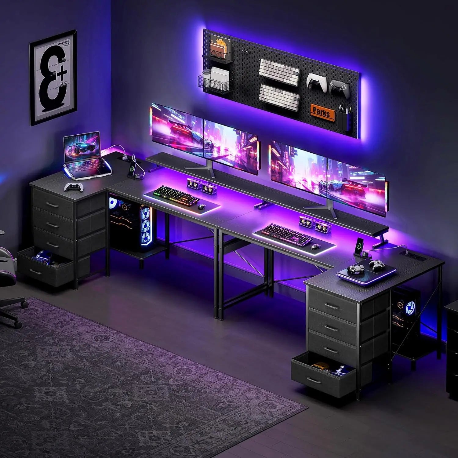 Secretária Gaming em L com LED e USB | Estação de Trabalho Moderna