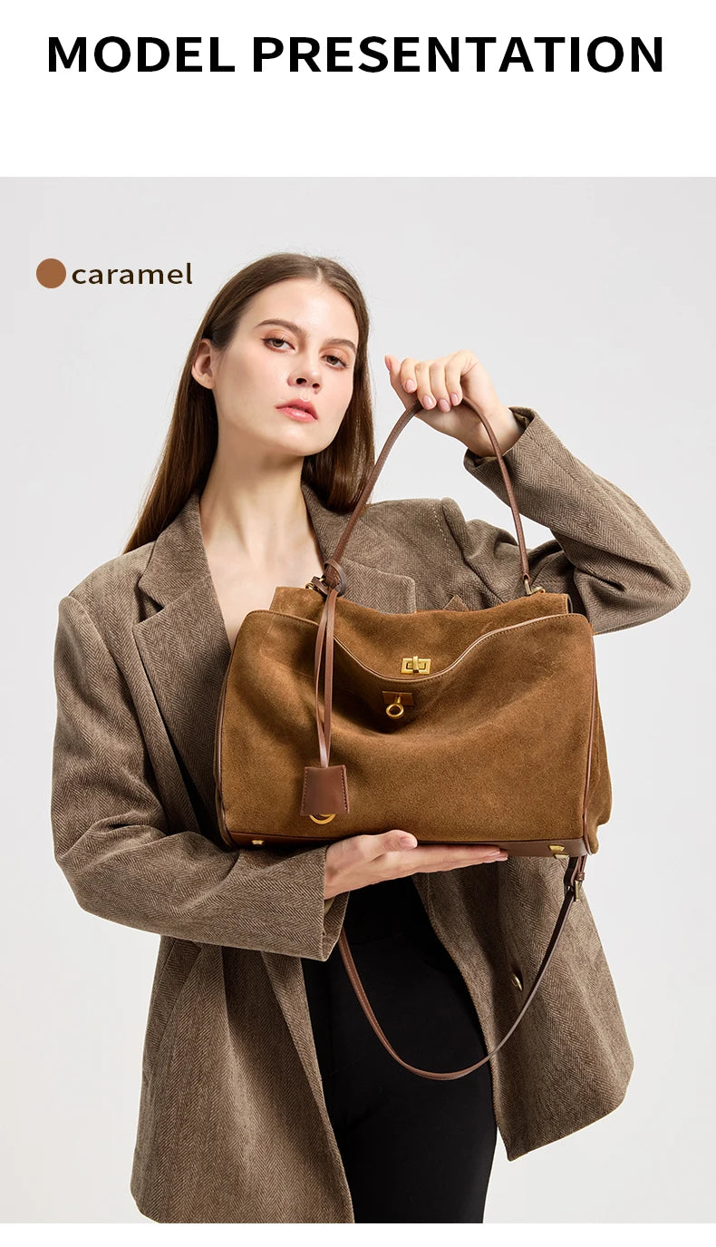 Mala Feminina em Camurça e Couro Genuíno – Tote de Luxo Outono/Inverno