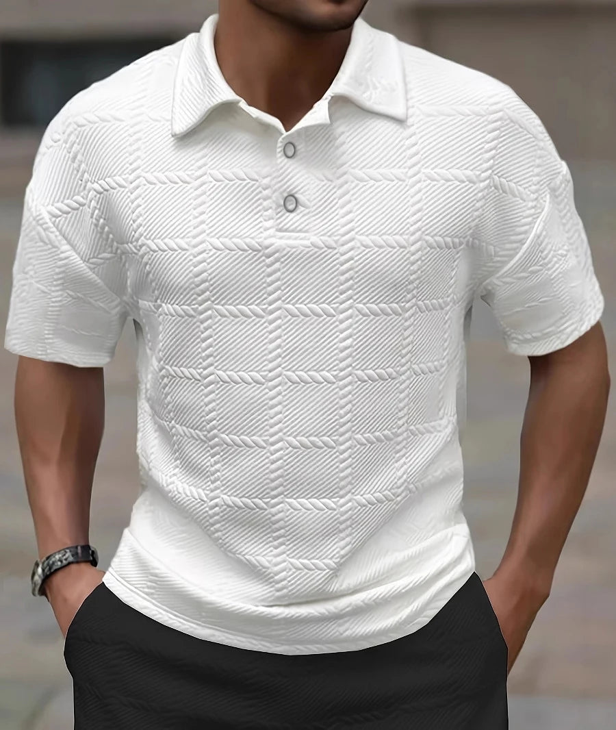 Polo Masculino de Verão em Jacquard com Padrão Xadrez Texturizado – Estilo Casual Elegante