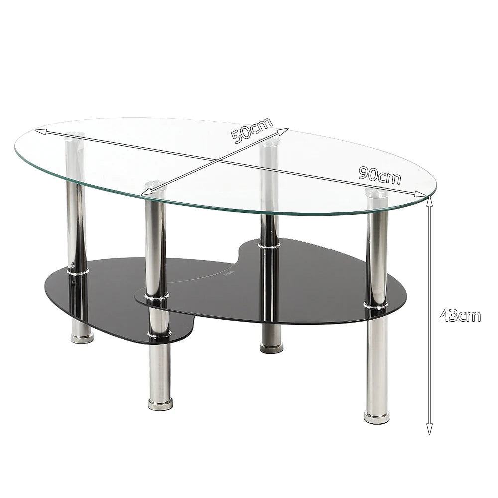 Glass coffee table, glass table 3 levels, oval living room table, coffee table sofa table for living room & office, 90x50x45cm