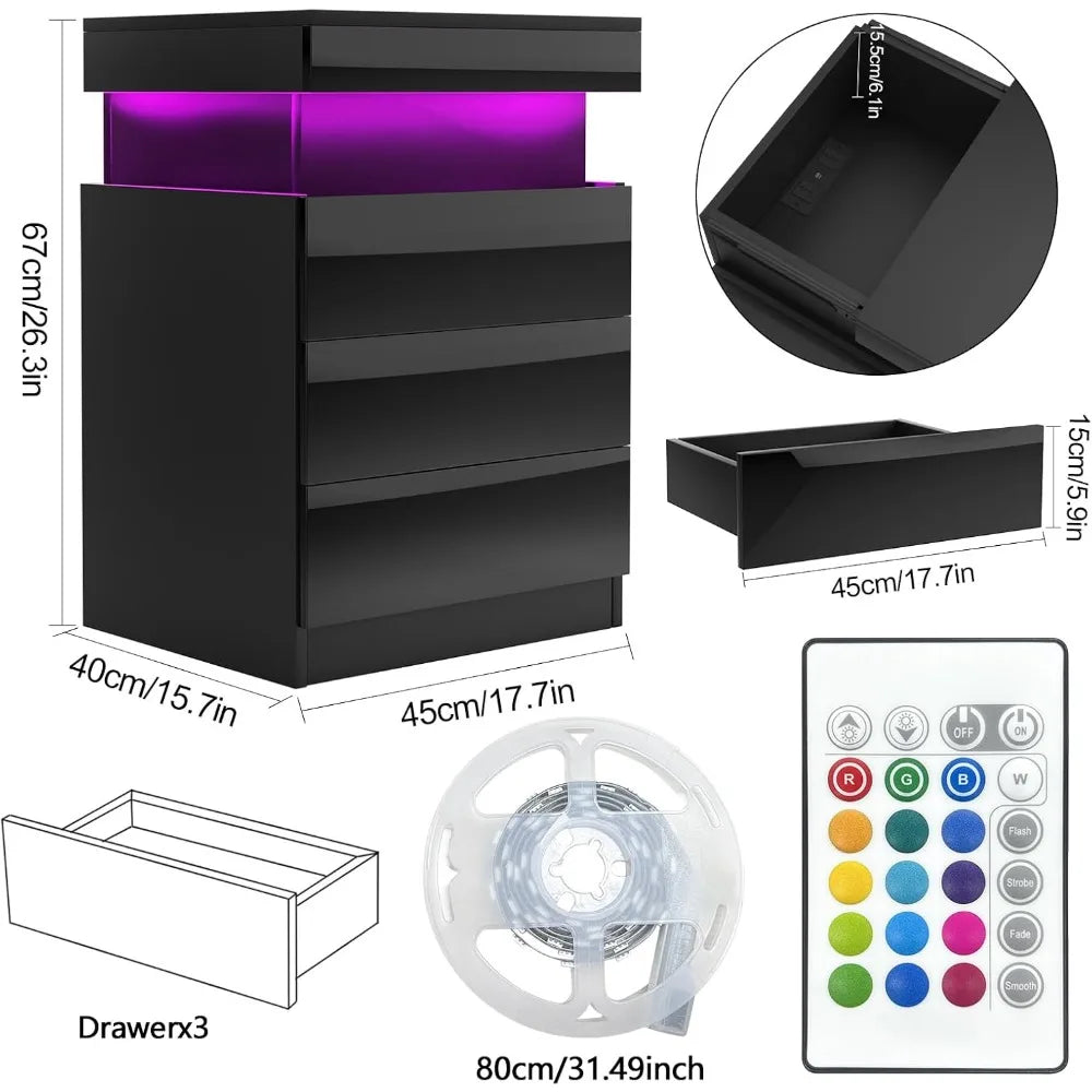 Mesa de Cabeceira SmartGlow™ com LED, Carregamento Integrado e 3 Gavetas