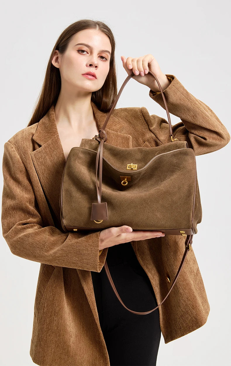 Mala Feminina em Camurça e Couro Genuíno – Tote de Luxo Outono/Inverno