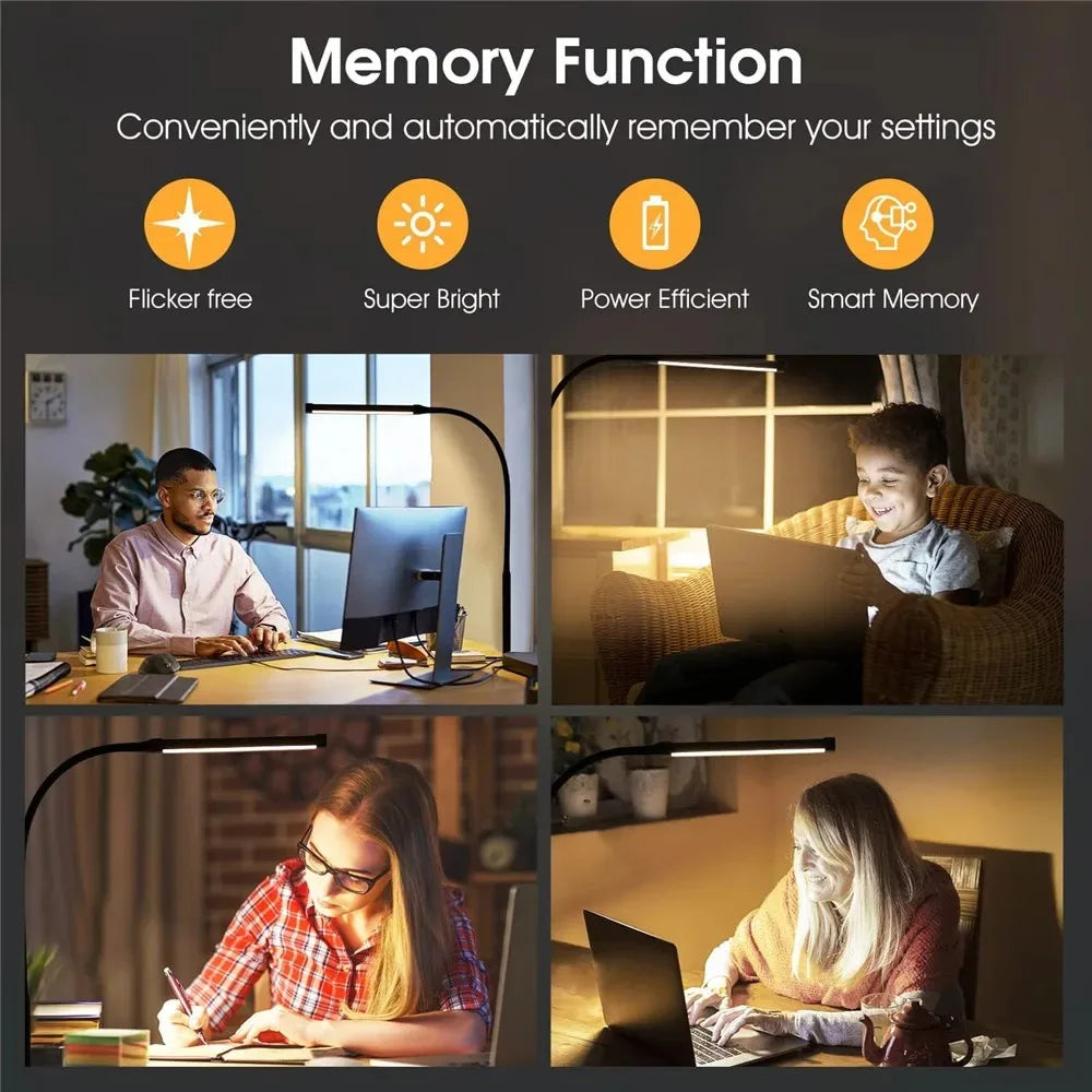 Candeeiro de Secretária LED com Dupla Cabeça e Pinça – Dimerizável, Ideal para Monitor, Escritório e Leitura
