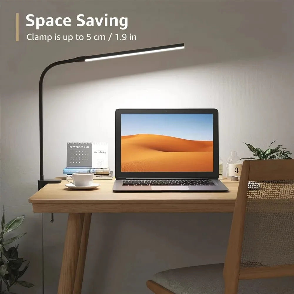 Candeeiro de Secretária LED com Dupla Cabeça e Pinça – Dimerizável, Ideal para Monitor, Escritório e Leitura