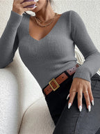 Camisola Canelada com Decote em V para Mulher – Malha Slim Elegante