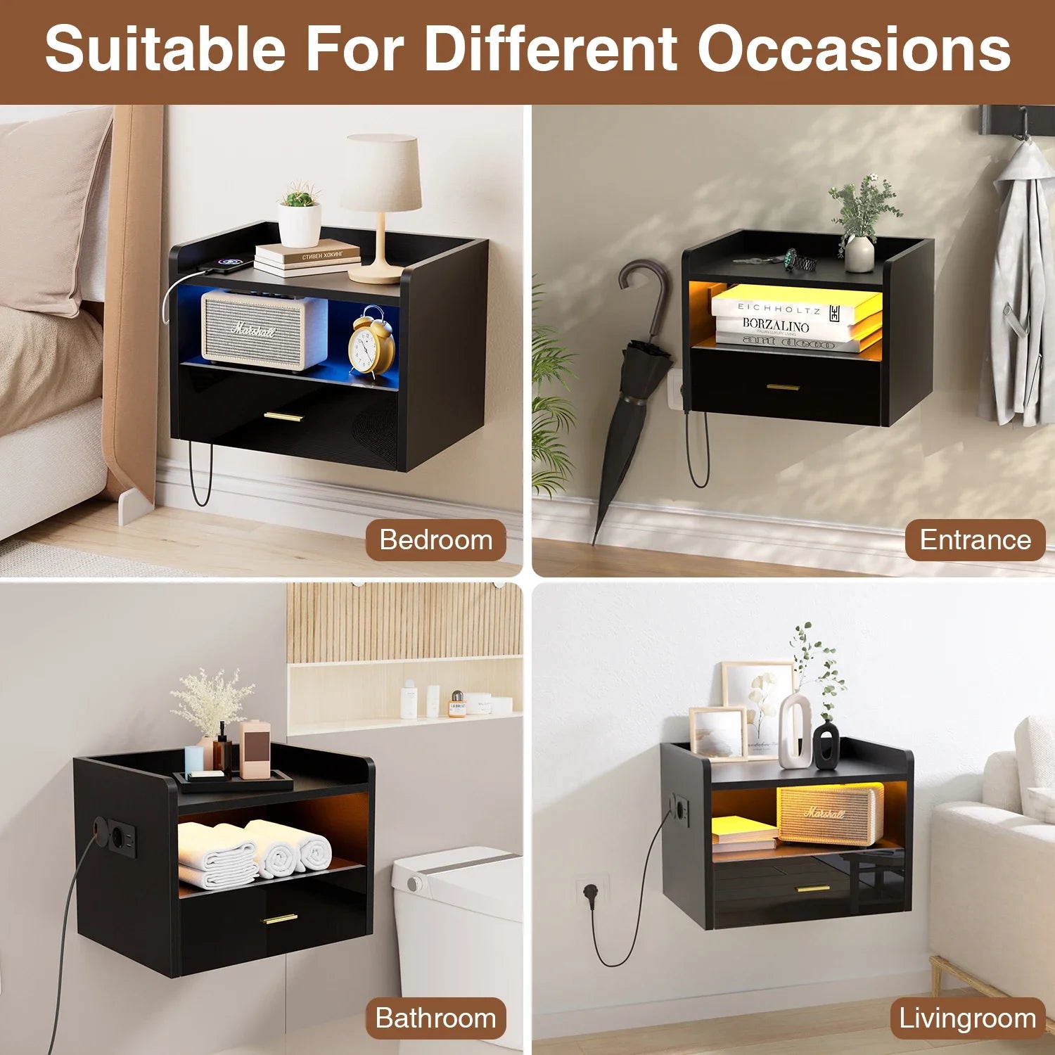 Mesa de Cabeceira Suspensa com LED RGB e Carregamento Integrado SmartWall™